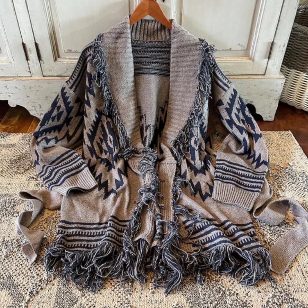 Western Aztec Tribal Print Grey Long Belted Cardigan Sweater Shirt Top Coat